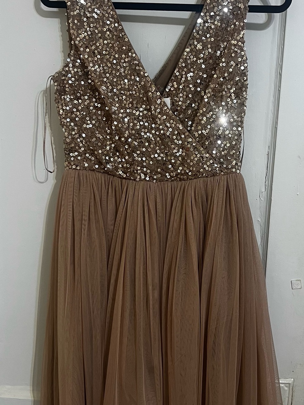 Sequin Bodice Tulle Dress in Taupe